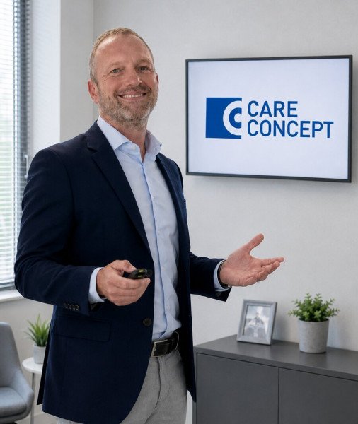 Ferdinand Steiner hält im Büro eine Präsentation vor einem Bildschirm mit Care-Concept-Logo