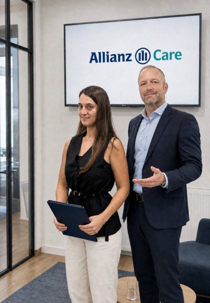 Ferdinand Steiner und Kübra Dalman beraten gemeinsam vor einem Bildschirm mit Allianz-Care-Logo