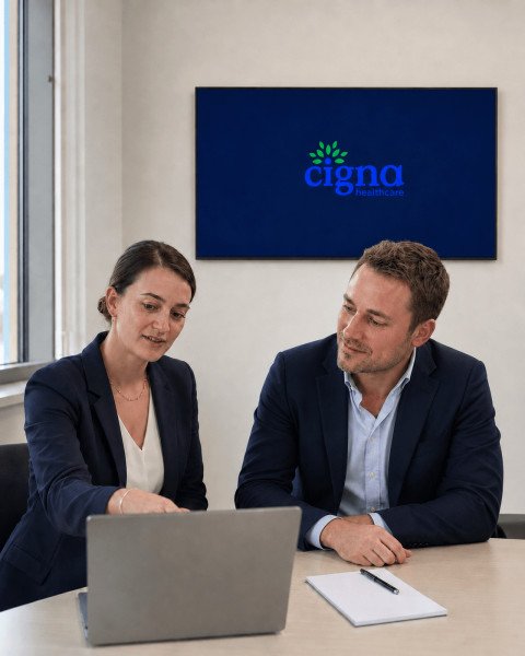 Moritz Werkmeister berät eine Kundin am Schreibtisch vor einem Bildschirm mit dem Cigna-Healthcare-Logo.